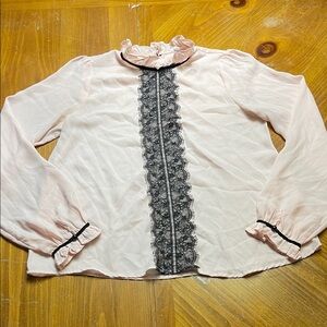 A’Gaci Blush Pink Blouse Black Lace Small Coquette Ruffles Edwardian High Neck